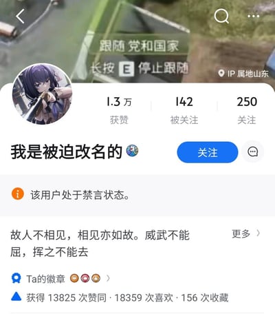 这是一张类知乎平台的用户个人主页截图，用户昵称标注为“我是被迫改名的😎”，IP属地显示为山东，账号处于禁言状态。页面背景拼接了游戏画面，显示“跟随党和国家 长按E停止跟随”的文字；用户简介为“故人不相见，相见亦如故。威武不能屈，挥之不能去”，同时展示了账号获得13825次赞同、18359次喜欢、156次收藏的数据，整体呈现出账号因违规被平台强制改名并禁言后，用户通过昵称和简介表达自身态度的状态，带有无奈又戏谑的情绪。