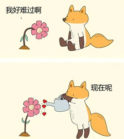 这是一张上下两格的连环卡通图。上格中，一只橙白相间的小狐狸坐在地上，侧身注视着一朵带有笑脸的粉色花朵，左上角配有文字“我好难过啊”，小狐狸表情略显低落。下格中，小狐狸站起身，手持蓝色水壶正在给花朵浇水，水壶中流出的不是水而是红色爱心形状的水滴，花朵依旧保持笑脸，右侧配有文字“现在呢”，此时小狐狸表情变得温柔专注。整幅图通过小狐狸从难过到主动照顾花朵的转变，传递出通过帮助他人获得心灵慰藉的治愈主题。