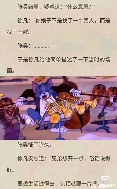 这是一张竖版的图文混排搞笑梗图，整体分为上下文字段落加中间动画截图的结构。上方文字先讲述张昊皱眉疑惑地询问徐凡，徐凡告知他“你娘子不是找了一个男人，而是找了一群”，张昊沉默以对；随后插入经典动画《猫和老鼠》里汤姆猫同时演奏小提琴、多支小号、大提琴等多种乐器的夸张画面，用这个画面具象化“一群男人”的场景，暗示张昊的娘子同时和多名男子有染；下方文字接着描述张昊怔愣许久，徐凡用俗语“要想生活过得去，头顶就要一片绿”安慰他。整个内容用夸张的动画画面结合扎心的段子，制造反差幽默，调侃被多人背叛的“绿帽”场景，风格搞笑戏谑。