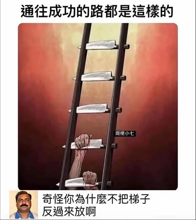 这是一张反鸡汤风格的搞笑梗图，上方配有文字“通往成功的路都是這樣的”，核心配图是一把以锋利刀刃作为梯级的梯子，一双手正紧紧握住刀刃向上攀爬，手部被刀刃割破并流出鲜血，原本是用来隐喻成功之路充满艰难与伤痛的励志意象；但图片底部拼接了一个人物头像，配文“奇怪你為什麼不把梯子反過來放啊”，用直白的生活化逻辑打破了刻意渲染苦难的励志叙事，制造出强烈的反差搞笑效果，图中右侧中间位置带有“爛梗小七”的水印，标注了该梗图的创作者。
