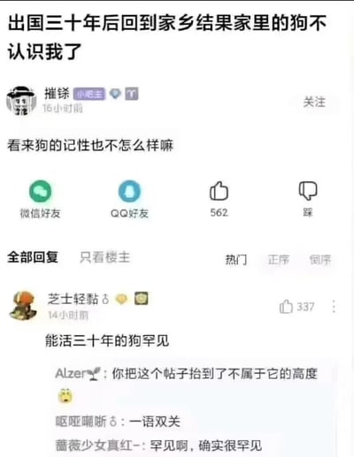 一张社交媒体截图，内容是用户发布的帖子："出国三十年后回到家乡结果家里的狗不认识我了"，并配文"看来狗的记性也不怎么样嘛"。热门评论中"芝士轻黏"回复"能活三十年的狗罕见"引发其他用户点赞和回应，指出这是一语双关的幽默评论。