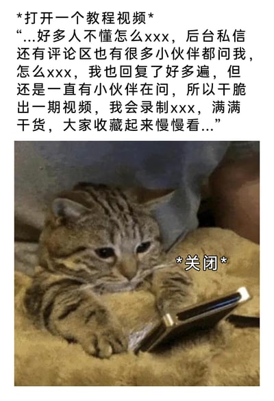 这是一张图文结合的网络梗图，上方文字模拟了短视频平台中教程类视频的典型开场白：博主以大量用户询问操作为由开启视频，铺垫许久却始终未进入干货内容；下方搭配一只眼神倦怠、表情无奈的狸花猫，配文“*关闭*”，精准还原了观众面对这类注水、铺垫过长的教程视频时，失去耐心直接关闭的状态，戳中了众多网友对这类低效教程视频的共鸣，用幽默的方式表达了对冗长无意义铺垫的吐槽。