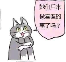 图中是一只灰白配色的卡通猫咪，它睁着圆溜溜的大眼睛，吐着舌头，双手交叉抱在胸前，表情既好奇又带着八卦感。旁边的粉色对白气泡内写着“她们后来做羞羞的事了吗？”，将猫咪拟人化，生动表现出对他人私密或八卦事件的好奇追问，适合在聊天中用来表达自己的八卦心态。