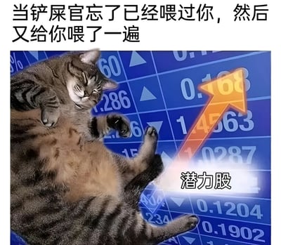 图片上方配有文字“当铲屎官忘了已经喂过你，然后又给你喂了一遍”，下方主体是一只仰卧的虎斑猫，肚子朝上，双眼微闭，表情呈现出放松满足的状态。背景为蓝色金融图表，布满数字和几何图形，右侧有一个醒目的橙色向上箭头，箭头旁标注“潜力股”字样。通过猫咪被重复喂食后的慵懒体态，结合金融领域“潜力股”的概念，形成幽默双关，暗喻猫咪像潜力股一样“价值上涨”（体型或食量增加）。