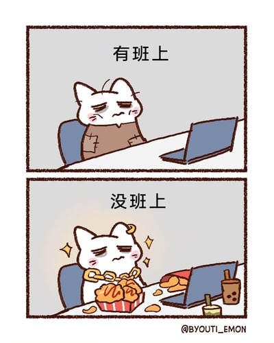 这是一幅上下分栏的对比式卡通漫画，精准刻画了当代打工人的矛盾心境：上半栏标注“有班上”，一只卡通猫咪穿着带有补丁的旧衣服，愁眉苦脸地坐在办公桌前，对着面前的笔记本电脑，尽显上班的疲惫与无奈；下半栏标注“没班上”，这只猫咪戴着亮眼的金链子，面前摆放着炸鸡、奶茶等美食，却依旧是愁眉苦脸的低落神情。漫画通过这种强烈的场景反差，调侃了打工人无论处于“有班可上”还是“无班可上”的状态，都有着难以消解的烦恼，极易引发同类群体的情绪共鸣。