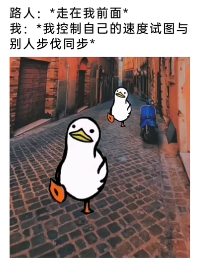 这是一张图文混排的搞笑梗图，上方配有两段文字，分别模拟路人和自己的行为状态：路人走在前面，我控制自己的速度试图与别人步伐同步；下方是在一条复古石板路的真实照片上，P上的两只卡通鸭子，前方的鸭子自然地抬腿走路，后方的鸭子刻意模仿前方鸭子的步伐动作，神态僵硬，生动又好笑地还原了日常生活中，和路人同行时刻意调整步伐同步的尴尬社恐瞬间，精准戳中很多人在公共场合的小窘迫，容易引发共鸣。