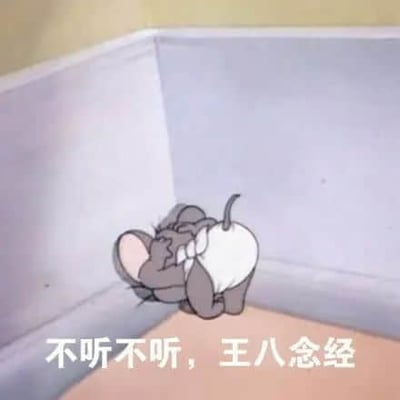 卡通动画《猫和老鼠》中的角色杰瑞（Jerry）蹲在墙角，双手捂住耳朵，身体蜷缩，表情透露出不耐烦和拒绝倾听的情绪。图片底部配有文字“不听不听，王八念经”，这是一句网络流行语，常用于表达对他人唠叨、说教或不合理言论的无视和抗拒。