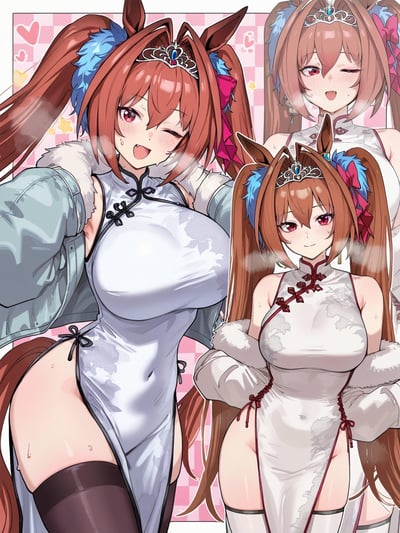 这是一张AI生成的《赛马娘Pretty Derby》角色大和赤骥的旗袍主题同人图，画面采用多图拼接的形式，展示了该角色的三种不同造型：左侧角色穿着带毛领外套的高开叉旗袍，单眼wink张嘴，脸上带着红晕与汗珠，神态燥热又羞涩；右下角角色身着纯旗袍搭配毛绒袖套，表情略带羞涩；右上角角色是无外套的旗袍造型，同样是wink张嘴的燥热神态。背景为粉白格纹搭配爱心、星星元素，角色保留了赛马娘标志性的兽耳与双马尾，整体风格兼具性感与可爱感。