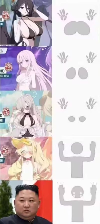 这是一张竖版拼接的搞笑梗图，左侧从上至下依次排列了四张游戏《蔚蓝档案》的泳装女性角色截图，以及一张真人照片；右侧则对应每个内容，用灰色剪影绘制出与左侧人物身材特征匹配的图案：前四个剪影分别对应角色的胸部形态+手掌位置，最后一个剪影则对应真人的身形，还额外添加了类似人脸的细节，通过这种直观的身材对应制造出强烈的反差感，达到搞笑调侃的效果。