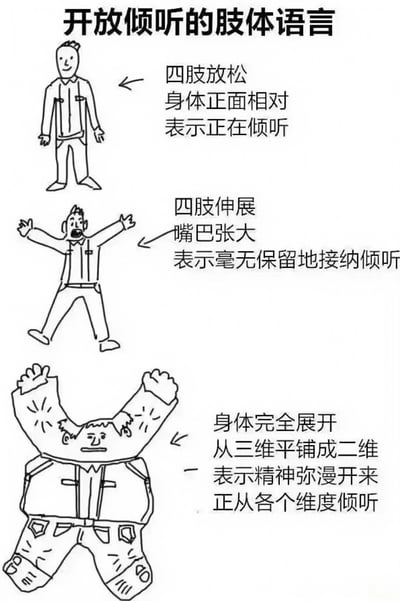 这是一张以“开放倾听的肢体语言”为主题的幽默线稿图，通过三个递进的人物形象夸张演绎倾听姿态。第一张图中人物站立，四肢放松、身体正面相对，配文“四肢放松 身体正面相对 表示正在倾听”；第二张图人物双臂伸展、嘴巴张大，配文“四肢伸展 嘴巴张大 表示毫无保留地接纳倾听”；第三张图则将人物完全“扁平化”为二维平面，四肢呈放射状铺开，配文“身体完全展开 从三维平铺成二维 表示精神弥漫开来 正从各个维度倾听”。通过从正常到荒诞的肢体语言升级，以搞笑方式调侃过度强调“积极倾听”的沟通指导。