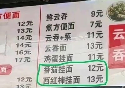这是一张餐馆的实拍菜单图，菜单分为左右两部分，左侧是方便面类及部分面食的价格，右侧则包含鲜云吞、煮方便面、云吞面、各类挂面等餐品的价格。其中被绿色线条圈出的「番茄挂面」售价12元，「西红柿挂面」售价13元，但番茄和西红柿属于同一种食材，这种将同一种餐品换个名称就定价不同的情况，显得不合理，很容易引发消费者的吐槽。