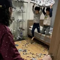 房间内，两个小男孩兴奋地在床上高高跃起，手中还举着物品，而地面上散落着大量被弄乱的拼图碎片，一片狼藉。一位家长背对着镜头站在门口，正看着眼前混乱的场景，满是无奈与头疼。这是典型的熊孩子在家调皮捣蛋的日常场景，真实还原了育儿过程中搞笑又让人哭笑不得的瞬间。