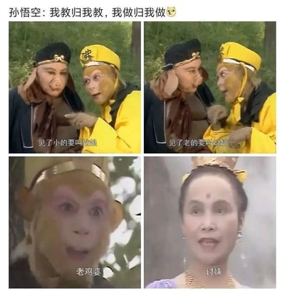 这张梗图用电视剧《西游记》的角色与经典剧情，展现了孙悟空在教别人称呼方式时自己却喜欢钻空子的幽默情景。图中分别模拟了遇到年轻女性叫姑娘、遇到年长女性叫姑奶奶，最后被旁边妖怪吐槽“讨嫌”，形成搞笑反差。配文“我教归我教，我做归我做”增加了自嘲和玩世不恭的氛围，带有社交场合随机应变、拍马屁的双关趣味。