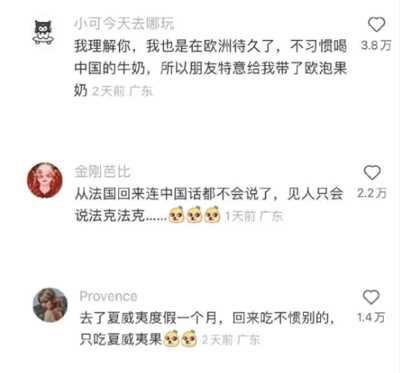 这是一张社交媒体评论区的截图，展示了三条来自广东用户的搞笑发言，均运用谐音梗制造笑点：第一条用户以在欧洲待久了为理由，称只喝“欧泡果奶”，关联了“欧洲”和“欧泡”的发音；第二条用户调侃从法国回来后只会说“法克法克”，是对“法国”的谐音戏仿；第三条用户称去夏威夷度假回来只吃夏威夷果，用地点与同名食物制造反差感。三条评论分别获得了3.8万、2.2万、1.4万的点赞，整体风格轻松诙谐，通过夸张的发言博人一笑。