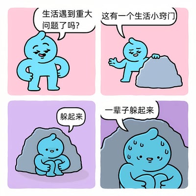 这是一张四格漫画形式的搞笑梗图，展示了一个蓝色卡通人物提供所谓的"生活小窍门"。第一格中，蓝色角色双手叉腰问："生活遇到重大问题了吗?"；第二格中，他指着一块石头说："这有一个生活小窍门"；第三格显示他躲在石头后面，只露出头说："躲起来"；第四格则是他完全躲在石头后，满头大汗地说："一辈子躲起来"。通过夸张的对比和荒谬的"解决方案"制造幽默效果，讽刺了面对问题选择逃避的态度。
