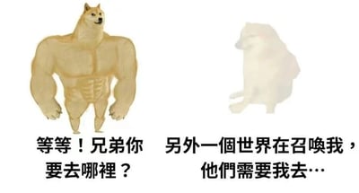 这是一张左右对比的静态梗图，左侧是头部为经典Doge柴犬形象、身体拥有健硕肌肉的角色，它表情平静带着疑惑，正叫住右侧的同伴；右侧是一只瘫坐在地上、状态萎靡虚弱的同款柴犬，眼神涣散，看起来十分疲惫。图中配有对应的对话文字，左侧角色询问：“等等！兄弟你要去哪里？”，右侧角色回应：“另外一个世界在召唤我，他们需要我去…”。这张图通过强壮与虚弱的强烈形象反差制造幽默效果，通常被用来调侃人们因工作、生活压力过大而疲惫不堪的状态，用夸张的方式表现出疲惫到仿佛要“被另一个世界带走”的感受，容易引发被压力困扰群体的共鸣。