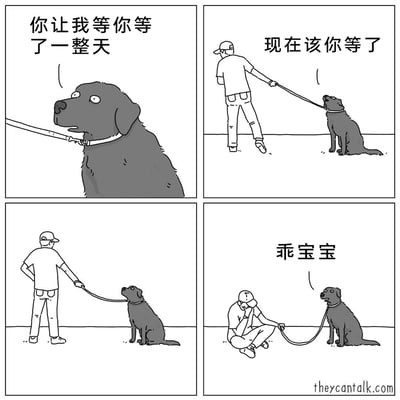 这是一幅四格连环黑白卡通漫画，描绘了宠物狗与主人之间趣味十足的互动。第一格中，被牵引绳牵着的狗狗满脸不满，抱怨主人“你让我等你等了一整天”，宣泄自己独自在家等待的情绪；第二格中，主人试图拉狗狗出门，狗狗却蹲在原地纹丝不动，主人无奈说道“现在该你等了”；第三格中，主人依旧无法拉动狗狗，只能无奈地站在原地；第四格中，主人蹲下身，狗狗则得意地对主人说出“乖宝宝”，完成了有趣的角色反转，将主人和狗狗的身份感进行调换，用幽默的方式展现了宠物与主人之间温馨又搞笑的日常相处场景。