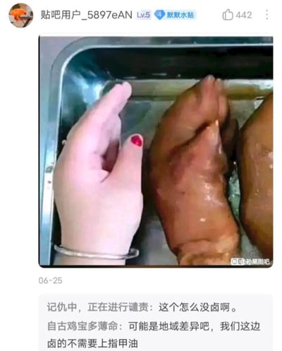 这是一张充满趣味的视觉错位梗图，图中左侧是涂着红色指甲油、戴着银手镯的人手，摆出和右侧卤猪蹄相似的姿势，放在不锈钢托盘中，乍一看仿佛这只手是没被卤制的“另类猪蹄”。下方贴吧评论区玩梗互动：楼主假装生气吐槽“这个怎么没卤啊”，回复网友调侃“可能是地域差异吧，我们这边卤的不需要上指甲油”，用双关的方式将手和猪蹄的视觉相似性放大，制造出荒诞搞笑的效果。
**双关梗说明**：这里的“卤”既指卤猪蹄的卤制工艺，又调侃这只手不像旁边的猪蹄一样是卤过的，结合视觉错位形成笑点。