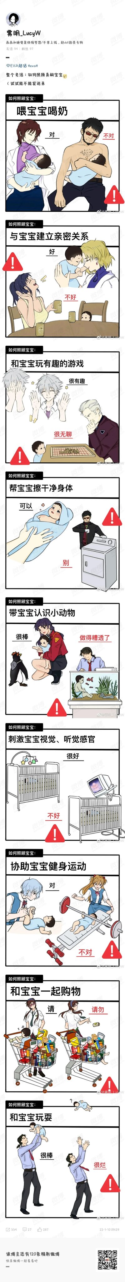 这是微博用户@雾明_LucyV 创作的《新世纪福音战士》（EVA）同人搞笑漫画，以“如何照顾真嗣宝宝”为主题，采用超长竖版连环漫画的形式，分9个模块展示照顾宝宝的正确与错误示范。每个模块中，正确示范是符合正常育儿逻辑的角色互动，比如赤木律子温柔喂宝宝喝奶、渚薰和宝宝玩拍手游戏、绫波丽协助宝宝做简单运动、加持良治带宝宝认识企鹅、真希波和宝宝正常购物；错误示范则是结合EVA角色的经典剧情或性格玩梗，比如碇源堂将宝宝塞进冰箱（对应剧中存放亚当的剧情）、让宝宝待在鱼缸里（对应LCL驾驶舱），葛城美里自顾自喝啤酒忽略宝宝，明日香让宝宝举杠铃，冬月耕造和宝宝下将棋，这些错误示范都配有红色警告标志，整体用严肃的育儿指南形式包装搞笑的动漫梗，充满趣味性。