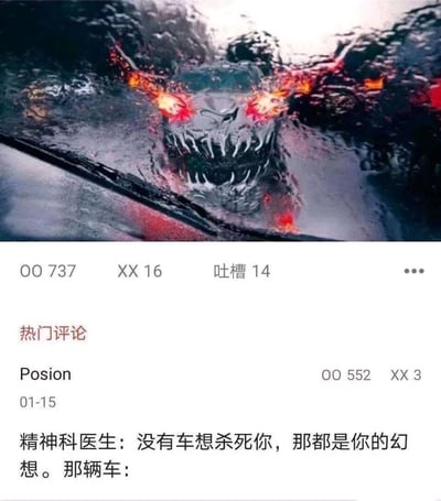 这是一张结合创意P图与搞笑评论的社交平台梗图。上方是汽车前挡风玻璃的雨天水渍被改造成双眼冒火、面目狰狞的怪物，视觉效果诡异又滑稽；下方是社交平台的评论区，热门评论用「精神科医生安慰患者没有车想杀他」和「眼前的怪物车」形成强烈反差，制造出荒诞搞笑的吐槽效果，精准戳中这种视觉错觉带来的诡异感。