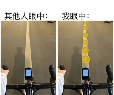 这是一张左右对比梗图，左侧展示他人视角下的普通道路（仅一条白色标线），右侧展示自我视角下的道路（标线处添加了一排超级马里奥风格的黄色金币）。通过这种夸张对比，幽默地表现了游戏玩家在现实生活中易将普通事物与游戏元素关联的有趣心理，充满生活气息与游戏梗的融合感。