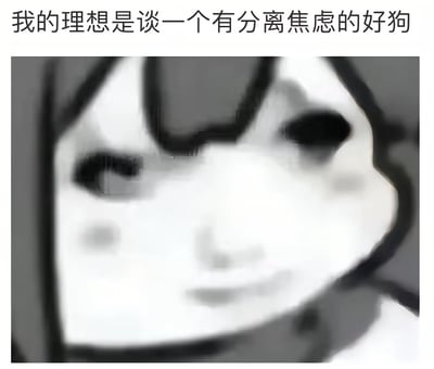 图片上方有一行文字“我的理想是谈一个有分离焦虑的好狗”，下方是一张模糊的动漫风格女性角色面部特写，角色有着齐刘海短发，脸颊带有淡淡的红晕，眼神柔和，表情腼腆。整体通过将“有分离焦虑的好狗”拟人化，表达一种希望伴侣像粘人小狗一样依赖自己的可爱幽默诉求。