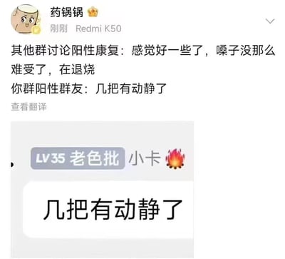 这是一张社交媒体截图，展示了用户“药锅锅”发布的内容，对比了不同群聊中关于阳性康复的讨论差异。其他群的群友讨论内容较为常规，提到“感觉好一些了，嗓子没那么难受了，在退烧”；而“你群”的阳性群友“小卡”（带有“LV35 老色批”头衔和火焰表情）则用较为粗俗的网络用语“几把有动静了”回应，形成了幽默的反差效果。