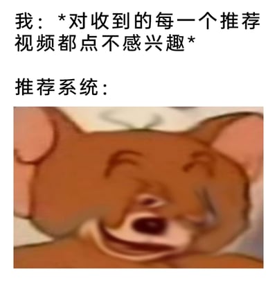 这是一张精准戳中用户日常网络体验的图文混排梗图，上方文字描述用户的行为：“对收到的每一个推荐视频都点不感兴趣”，下方搭配了经典动画《猫和老鼠》中杰瑞的脸部被扭曲变形的魔性表情图。该图用杰瑞这种不在意、摆烂式的扭曲表情，调侃当下视频平台推荐系统的“固执”——即便用户多次通过“点不感兴趣”来反馈喜好，推荐系统似乎依旧无法精准理解用户需求，我行我素地推送不合心意的内容，生动表现出用户对此类情况的无奈与吐槽。