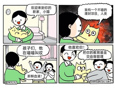 这是一则四格连环漫画，用荒诞反差的风格制造笑点：第一格中，主人抱着刚到家的黄色猫咪，在温馨的客厅里笑着对猫咪说“欢迎来到你的新家，小猫”；第二格画风突变，猫咪表情变得狡黠，背后是红黑色的诡异背景，它对着主人说“我有一个不错的理财项目，人类”；第三格中，主人背对着镜头，孩子们看到猫咪十分兴奋，主人说道“孩子们，他在喵喵叫哎”，男孩高举双手欢呼“新鲜血液！”，女孩也开心地拍手；第四格中，主人开心地对孩子说“他喜欢你！”，而猫咪则对着男孩直白地要求“把你的教育基金交由我管理”，男孩和女孩完全没察觉猫咪的真实目的，依旧兴高采烈。