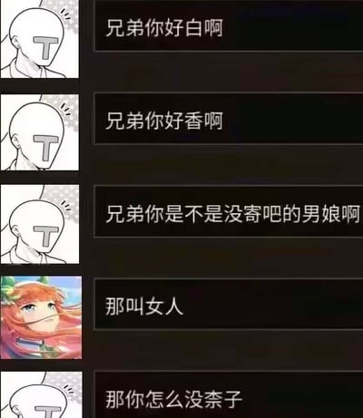 这是一组多图拼接的连环对话梗图，通过角色间的错位互动制造搞笑效果：
1. T字脸卡通表情包角色连续发出三次提问：“兄弟你好白啊”“兄弟你好香啊”“兄弟你是不是没寄吧的男娘啊”；
2. 出自《赛马娘 Pretty Derby》的橙发角色无声铃鹿回复“那叫女人”；
3. T字脸角色紧接着追问“那你怎么没奈子”。
对话中使用了“寄吧”（谐音脏话）、“奈子”（网络对女性胸部的戏称）这类低俗网络用语，通过对性别特征的错位调侃，形成无厘头的搞笑反差。