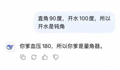 这是一张社交媒体聊天记录截图，整体为白底界面，上方展示了一条用户发送的消息，内容为「直角90度，开水100度，所以开水是钝角」，该内容故意混淆了角度单位「度」和温度单位「度」的概念，做出错误推导。下方另一个带有蓝色鲸鱼头像的用户套用同样的错误逻辑进行回怼，发言内容为「你爹血压180，所以你爹是量角器」，用荒诞的归谬方式调侃前者的离谱逻辑，界面底部还带有评论、转发、点赞、点踩的功能按钮，整体笑点来源于对偷换概念逻辑谬误的反向运用，充满趣味性。