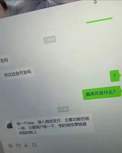 这是一张聊天记录截图，显示了一段充满调侃意味的对话。用户A首先询问对方是否会开发APP，在用户B追问具体开发内容后，用户A提出了一个荒谬的需求：开发一款接入微信支付的APP，主要功能模仿“摇一摇”，声称只要用户摇一下手机，其微信零钱就会全部转到自己的账户上。整个对话充满了幽默和不切实际的幻想，让人忍俊不禁。