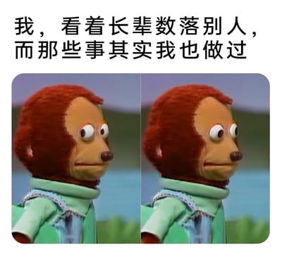 这是一张贴合生活场景的表情包，上方配有文字“我，看着长辈数落别人，而那些事其实我也做过”，下方是两个重复的猴子木偶形象，木偶眼神闪躲、面部肌肉紧绷，呈现出尴尬又强装镇定的神态，精准地刻画了人们在看到长辈批评自己也曾做过的行为时，内心心虚、尴尬却又不敢出声的状态，引发人们在家庭生活场景中的共鸣。