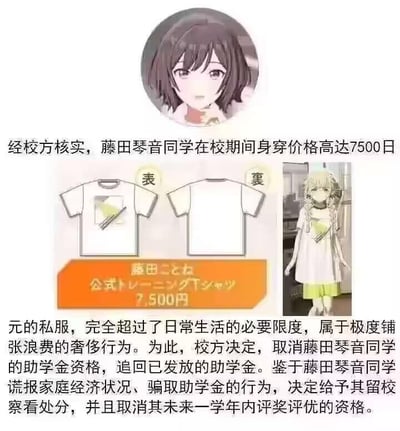图片上方为藤田琴音的动漫头像，下方是模拟校方处分通知的文字内容，称其因身穿7500日元的私服（展示了该T恤的正反面设计图及价格标签）被认定为铺张浪费，决定取消助学金资格、追回助学金、给予留校察看处分并取消未来一学年评奖评优资格。右侧配有另一位金发双马尾动漫女孩穿着该T恤的展示图。整体采用图文混排形式，模仿官方通知风格。