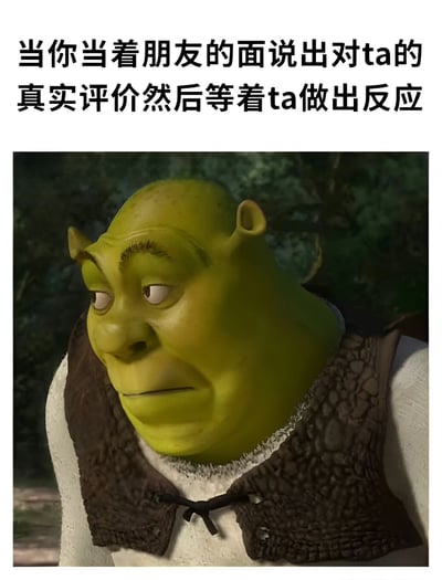 图片上方为黑色文字：“当你当着朋友的面说出对ta的真实评价然后等着ta做出反应”，下方是动画电影《怪物史莱克》中主角史莱克的特写截图。史莱克呈现出绿色皮肤、浓密眉毛的经典形象，表情严肃且略带怀疑，头部微微侧向一边，眼神看向斜前方，生动展现了说出真实评价后等待对方反应时的紧张与期待感。