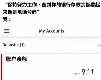 这张梗图采用图文混排的形式，先抛出一句励志鸡汤：“保持努力工作，直到你的银行存款余额看起来像是电话号码”，紧接着展示自己的银行账户界面，账户余额仅为9.11菲律宾比索（PHP），和鸡汤中“像电话号码一样长的余额”形成巨大反差，用自嘲的方式调侃自己存款极少的现状，戳中不少人“穷”的共鸣，搞笑又无奈。