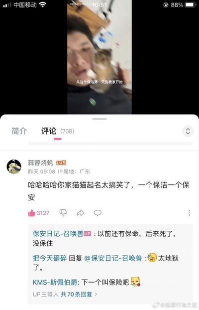 这是一张拼接的B站视频与评论区截图，上方视频片段中UP主抱着猫，配文“从这个保洁第一天到我家开始”；下方评论区里，网友“蒜蓉烧蚝”调侃UP主给猫起“保洁”“保安”的名字太搞笑，UP主“保安日记-召唤兽”回复称以前还有一只叫“保命”的猫，后来死了没保住，另一位网友评论“太地狱了”。此处玩了谐音梗，“保命”作为猫名与“没保住”形成反差，构成扎心又搞笑的地狱笑话。