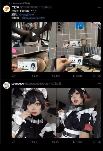 这是X平台（原推特）的两条帖子截图，上方是用户@二打六（@2D66666666）10月14日发布的内容，配文“也是拍上鲨鱼妹了^_^”，标注道具提供者@hwgg2019、coser为@L9uuuuu0503126，内容包含1张动态GIF与3张静态图，展示了coser扮演的《绝区零》角色艾莲·乔，还有模仿游戏设定的学生证道具，部分图片带有擦边暗示；下方是coser@L9uuuuu0503126在10月13日发布的原创cos正片，展示了艾莲·乔的女仆造型，妆容与服饰高度还原角色。