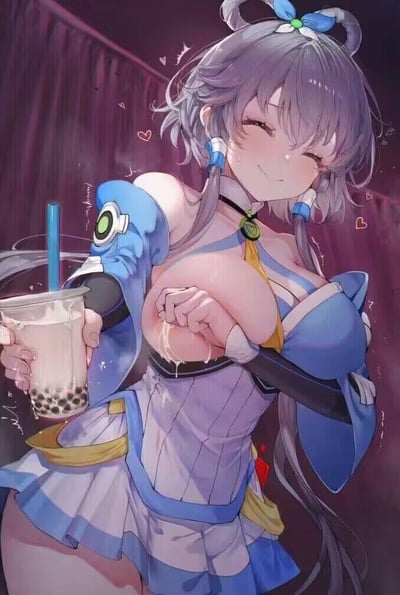这是一张以VOCALOID中文虚拟歌手洛天依为原型的低俗擦边AI创作图。图中洛天依身着标志性的蓝白配色服饰，手持一杯珍珠奶茶，同时做出挤压胸部的动作，胸部位置有类似奶茶液体的痕迹，结合手中的奶茶形成明显的性暗示，背景还点缀着爱心特效，整体画面通过这种刻意的动作和画面元素的结合，营造出不雅的擦边效果，恶意扭曲了洛天依原本清新治愈的官方形象。