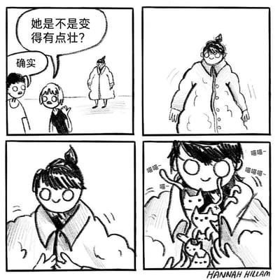 这是一幅四格连环趣味漫画：第一格中，两名路人站在远处，其中一人指着穿长款大衣的人疑惑地说“她是不是变得有点壮？”，另一人附和“确实”；第二格镜头拉近，展示出该人物的大衣整体鼓起，视觉上显得身形“壮硕”；第三格中，穿大衣的人伸手准备拉开自己的大衣；第四格揭晓谜底，大衣内部藏着好几只活泼的猫咪，它们正发出“喵喵~”的叫声，原来路人误以为的“变壮”只是一场视觉误会，实际是大衣里藏了一群猫咪，充满温馨可爱的幽默感。