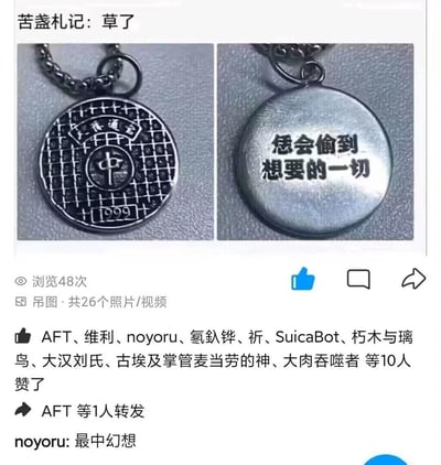 这是一张社交平台的截图，展示了一款趣味双面吊坠：左侧一面模仿井盖样式，带有“天龍通寶”字样和“999”标识，将井盖与古钱币元素结合；右侧一面刻着“恁会偷到想要的一切”，玩了现实中井盖常被盗的梗，用反讽的祝福式文案制造出搞笑反差。截图下方显示该内容浏览48次，有10位用户点赞，还有用户评论“最中幻想”。
玩梗说明：利用井盖容易被盗的社会现象，反向做成“偷到一切”的趣味祝福，属于黑色幽默的恶搞创意。