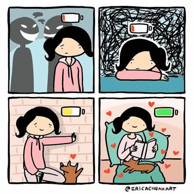 这是一幅四格连环漫画，用电池电量的变化来隐喻女孩的情绪与精力状态：第一格中，女孩表情低落，身后有两个带着恶意的黑影，头顶的红色低电量图标显示她正被负面的人际关系或情绪困扰，精力耗尽；第二格，女孩疲惫地趴在桌上，背景是杂乱的线条，电量仍为红色，表现她陷入自我内耗，状态极差；第三格，女孩蹲下身，微笑着和面前的小狗互动，头顶的电量变为黄色，说明和宠物的互动开始让她的情绪与精力逐渐恢复；第四格，女孩舒适地靠在枕头上看书，小狗趴在她的腿上，周围环绕着爱心，头顶的电量变为满格绿色，此时她完全摆脱了负面情绪，状态饱满、心情愉悦。漫画通过这种直观的方式展现了从情绪内耗到被宠物治愈的完整过程，传递出宠物陪伴对心理健康的积极作用。
