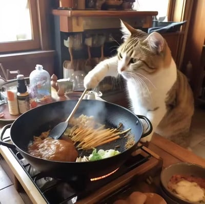 图片中一只橘白相间的猫咪在温馨的厨房中站立，用前爪握着木质锅铲，专注地翻炒着锅中的食材。炒锅里有蔬菜和疑似肉类的食材，正冒着热气，旁边的灶台上摆放着各种调料瓶和厨具，背景中可以看到挂着的厨具和窗户透进的自然光，营造出一种家的温暖氛围。整个场景幽默又可爱，仿佛猫咪真的化身为小厨师在认真烹饪。