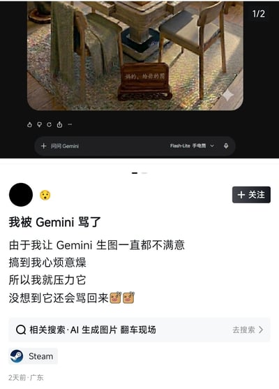 这是一张社交媒体动态截图，截图上半部分是谷歌AI工具Gemini生成的室内场景图，画面里木质茶桌旁的地面上摆放的木质标识牌上，被AI错误生成了脏话内容“妈的，给你的图”；下半部分是发布用户的配文，用户称自己多次要求Gemini生成图片都不满意，心烦之下向AI施压，没想到生成的图片里出现了骂人的文字，误以为自己被Gemini骂了，配文末尾附带了两个困惑的表情。截图底部显示相关搜索推荐为“AI生成图片 翻车现场”，该动态发布于2天前，发布者IP属地为广东。