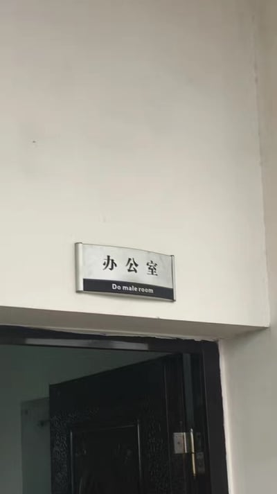 这是一张拍摄于办公室门楣处的门牌照片，门牌上方是中文「办公室」，下方的英文翻译却写成了毫无关联的「Do male room」，属于明显的翻译乌龙错误，形成了滑稽的反差感。
该错误属于低级的翻译失误，将办公室的正确英文表述完全搞错，拼凑出了无意义的英文短语，十分搞笑。