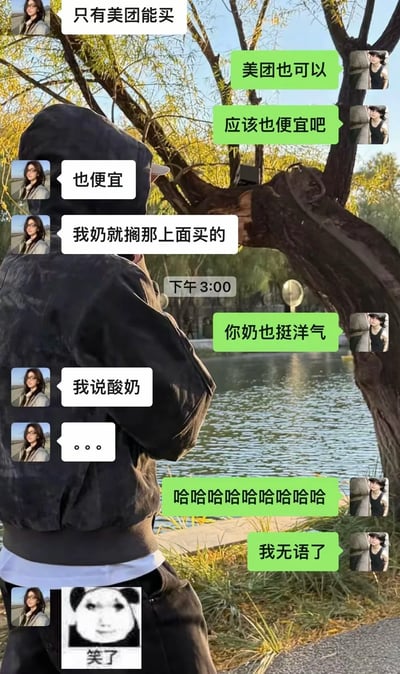 这是一张竖屏的聊天记录截图，背景是户外水边树木的实拍照片，前景是微信聊天对话框。对话内容是两位用户的趣味乌龙：用户A告知用户B只有美团能买且价格便宜，自己奶奶就在上面买，用户B误以为是用户A的奶奶会使用美团软件，夸赞奶奶洋气，结果用户A说明是在美团上买酸奶，并非奶奶会用美团，用户B因此爆笑，最后用户A发送了“笑了”的熊猫头表情包，整个对话充满生活中的搞笑误会，十分有趣。
