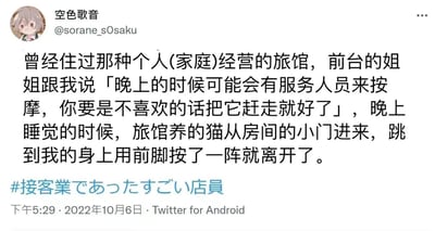 用户分享在家庭经营旅馆的趣事：前台姐姐提到晚上可能有“服务人员”来按摩，结果是旅馆的猫跳进房间用前脚“按摩”。这是一个因语言歧义产生的温馨搞笑误会。