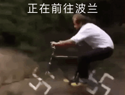 图片中一名男子正骑着自行车快速下坡，背景有模糊的绿色植物。画面上方有白色文字叠加："正在前往波兰"。男子身体前倾，姿态显示出速度很快，似乎有些失控。