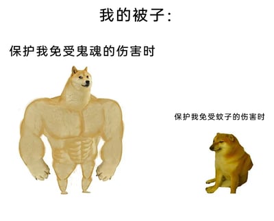 这是一张利用Doge梗图进行二次创作的反差类梗图，通过左右对比的形式展现同一事物（被子）在不同场景下的巨大能力反差：顶部文字标注“我的被子：”，左侧是肌肉发达的柴犬狗头人身形象，配文“保护我免受鬼魂的伤害时”，将被子在人们想象中抵御鬼魂的强大“防护力”具象化为充满力量的形象；右侧是一只神态萎靡的普通柴犬，配文“保护我免受蚊子的伤害时”，表现出被子实际在防蚊时完全起不到作用的无力感。整张图用幽默夸张的反差感，精准调侃了生活中被子防蚊无效的真实日常，引发观者的共鸣。