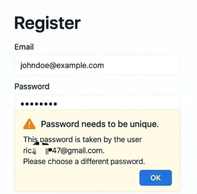 这是一张恶搞的网页注册界面截图，展示了一个完全违背逻辑的系统提示：当用户输入邮箱和密码进行注册时，系统弹出提示称该密码已被用户ric.***47@gmail.com占用，要求更换密码。正常情况下，网站系统不会存储明文密码，也不可能知晓其他用户的密码内容，这个荒谬的提示用来讽刺那些设计不合理、逻辑崩坏的网络服务系统，充满搞笑与讽刺的效果。